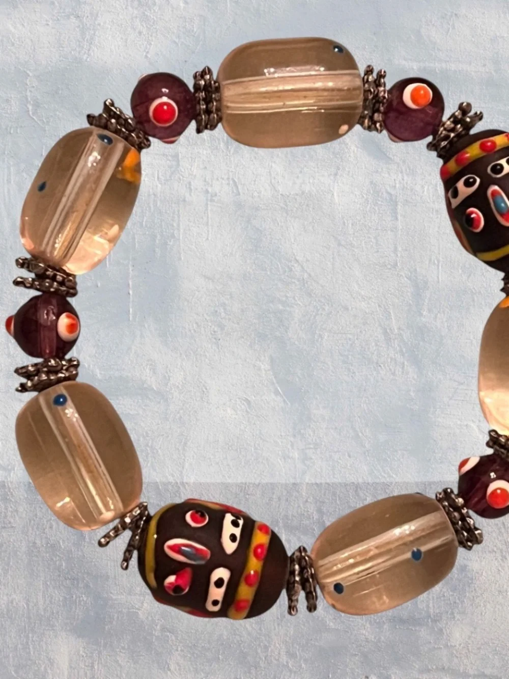 Vintage Face Trade Bead Stretch Bracelet Tribal Folk Art Jewelry Unisex